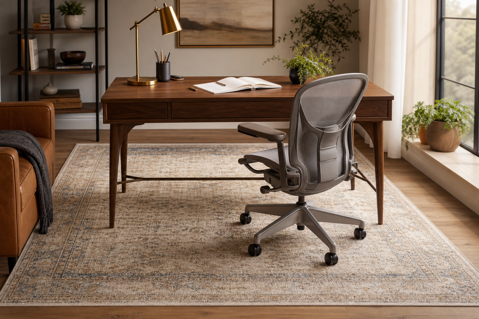 Warm office workspace with a low-pile area rug under a desk